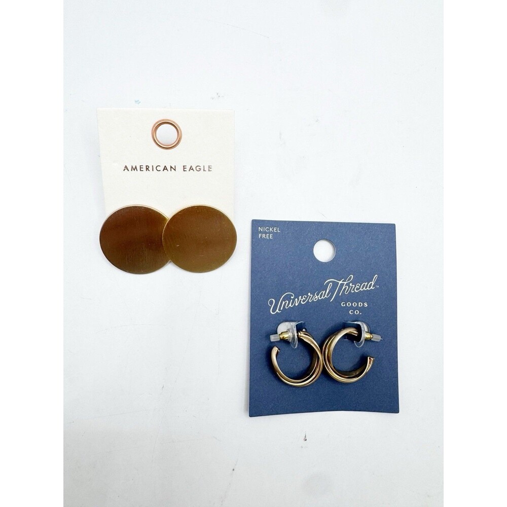 New Gold Earrings Classic Hoops Flat Circles American Eagle 2 Pairs